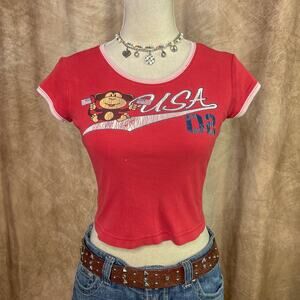 Vintage Y2K Baby Tee Ringer T-Shirt Cropped Monkey USA 02 Graphic Red Sporty